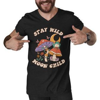 Vintage Retro Stay Wild Moon Child Frog Mushroom Hippie Men V-Neck Tshirt - Seseable
