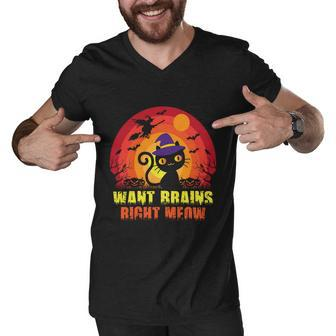 Want Brains Bight Meow Cat Halloween Quote Men V-Neck Tshirt - Monsterry AU