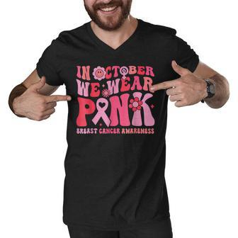 We Wear Pink Breast Cancer Awareness Warrior Groovy Hippie Men V-Neck Tshirt - Thegiftio UK