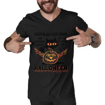 When Black Cats Prowe And Pumpkin Glean May Luck Be Yours On Halloween Men V-Neck Tshirt - Thegiftio UK