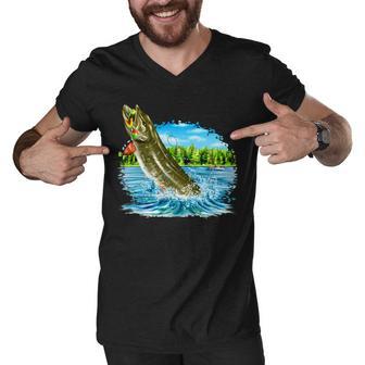 Wildlife - Fishing Muskie Fish Portrait Men V-Neck Tshirt - Monsterry AU