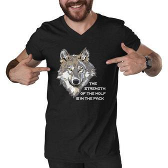 Wolf Face - The Strength Of The Wolf Is In The Pack Men V-Neck Tshirt - Thegiftio UK