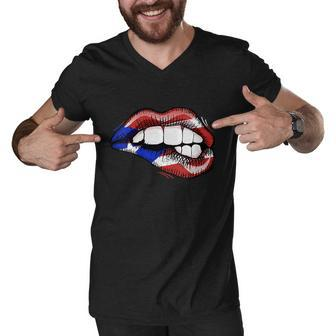 Womens Sexy Biting Lips Puerto Rico Flag Pride Sexy Lady Gifts Graphic Design Printed Casual Daily Basic Men V-Neck Tshirt - Thegiftio UK