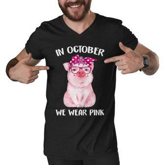 Womens Vintage Cute Pig In October We Wear Pink Breast Cancer Men V-Neck Tshirt - Thegiftio UK