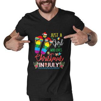 Womenss Just A Girl Who Loves Christmas In July Flip Flops Summer Men V-Neck Tshirt - Monsterry CA