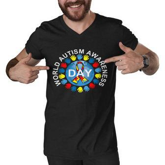 World Autism Awareness Day Earth Puzzle Ribbon Tshirt Men V-Neck Tshirt - Monsterry CA