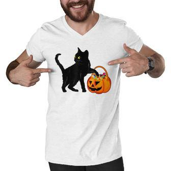 Black Cat Halloween Candy Pumpkin Bag Sweet Lollipop Funny Men V-Neck Tshirt - Seseable