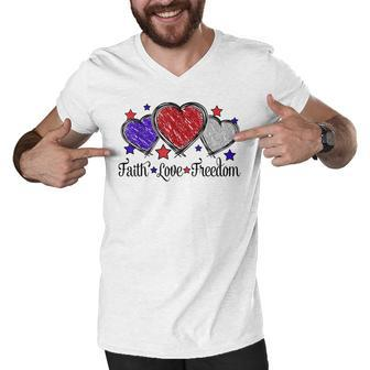 Faith Love Freedom 4Th Of July American Flag Heart Men V-Neck Tshirt - Seseable