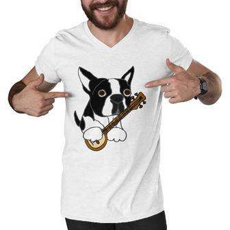 Funny Boston Terrier Dog Playing Banjo Men V-Neck Tshirt | Mazezy