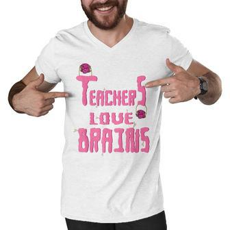 Funny Teachers Love Brains Teacher Zombie Halloween Men V-Neck Tshirt - Thegiftio UK