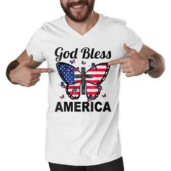 God Bless America Butterflies 4Th Of July Jesus Christ Cross Men V-Neck Tshirt - Seseable