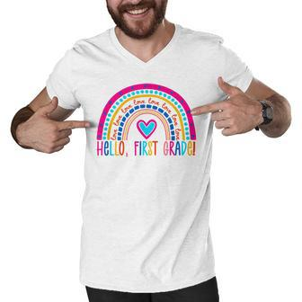 Hello First Grade Rainbow Back To School Teacher Kids Men V-Neck Tshirt - Seseable