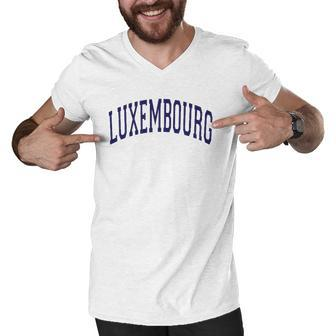 Luxembourg Varsity Style Navy Blue Text Men V-Neck Tshirt | Mazezy