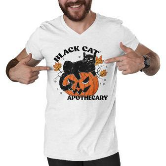 Retro Black Cat Apothecary And Pumpkin Halloween Vintage Men V-Neck Tshirt - Seseable