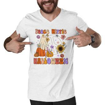 Retro Groovy Stay Spooky Peace Hippie Halloween Floral Ghost V2 Men V-Neck Tshirt - Thegiftio UK
