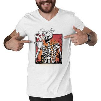 Skeleton Drinking Coffee Funny Caffeine Cool Halloween Sweatshirt Men V-Neck Tshirt - Thegiftio UK
