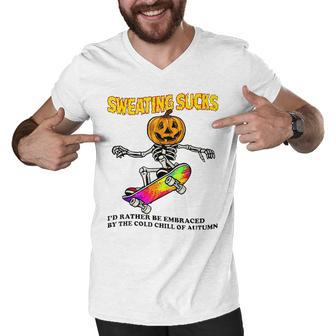 Skeleton Pumpkin Sweating Sucks Sweat Halloween Sakebording Men V-Neck Tshirt - Seseable