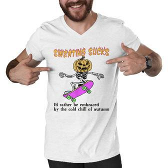 Sweating Sucks Skeleton Pumpkin Head Halloween Men V-Neck Tshirt - Seseable