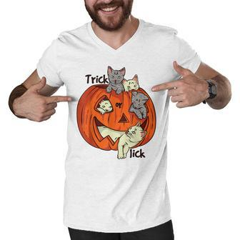 Trick Or Lick Funny Cat Lover Halloween Costume Women Girls Men V-Neck Tshirt - Thegiftio UK