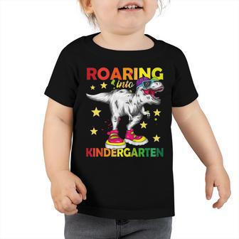 Kids Roaring Into Kindergarten Back To School Dinosaur Toddler Tshirt - Seseable