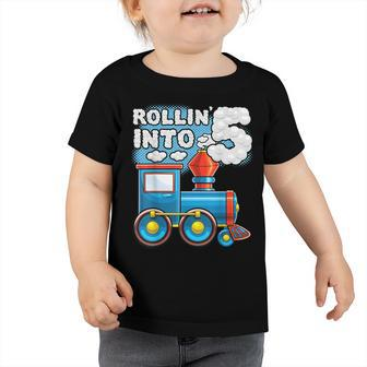 Rollin Into 5 Train 5Th Birthday Party Supply Birthday Boy Toddler Tshirt - Seseable