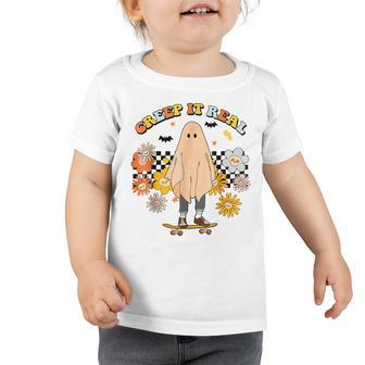 Funny Halloween Creep It Real Retro Skateboarding Ghost Kids Toddler Tshirt - Thegiftio UK