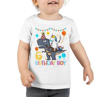 Kids Kids Unicorn Riding Dinosaur 6 Years Old Birthday Boy Toddler Tshirt - Seseable