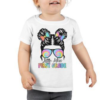 Kids Little Miss First Grade Messy Bun Sunglasses Tie Dye Toddler Tshirt - Seseable