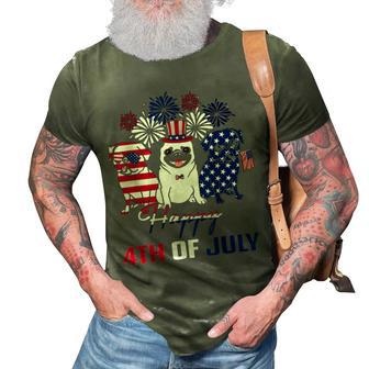 4Th July American Flag Three Red White Pug Blue Firework 3D Print Casual Tshirt - Seseable