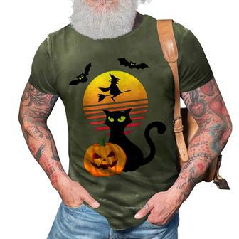 Black Cat Bat Witch And Pumpkin At Sunset On Halloween 3D Print Casual Tshirt - Seseable