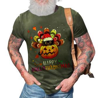 Black Cat Halloween And Merry Christmas Happy Hallothanksmas 3D Print Casual Tshirt - Seseable