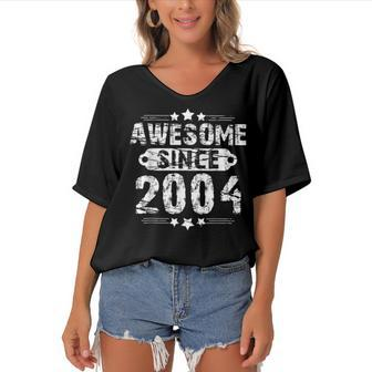 18Th Birthday Vintage Awesome Since 2004 Women's Bat Sleeves V-Neck Blouse - Seseable