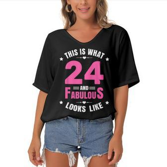 24 And Fabulous 24 Year Old Birthday Happy 24Th Birthday Women's Bat Sleeves V-Neck Blouse - Seseable