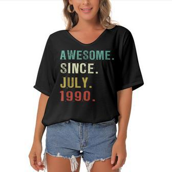 32 Years Old Awesome Since July 1990 32Nd Birthday Gifts Women's Bat Sleeves V-Neck Blouse - Seseable