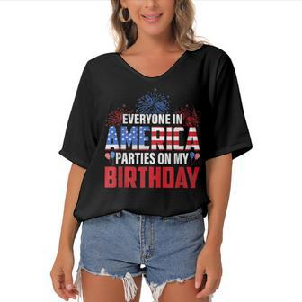 4Th Of July Birthday Funny Bday Born On 4Th Of July Women's Bat Sleeves V-Neck Blouse - Seseable
