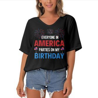4Th Of July Birthday Funny Birthday Born On 4Th Of July Women's Bat Sleeves V-Neck Blouse - Seseable