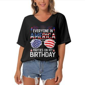 4Th Of July Birthday Gifts Funny Bday Born On 4Th Of July Women's Bat Sleeves V-Neck Blouse - Seseable
