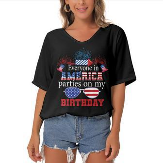 4Th Of July Birthday Gifts Funny Bday Born On 4Th Of July Women's Bat Sleeves V-Neck Blouse - Seseable