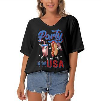 4Th Of July Food Party In The Usa Funny Hot Dog Lover Women's Bat Sleeves V-Neck Blouse - Seseable