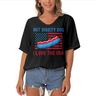 4Th Of July Hot Diggity Dog I Love The Usa Funny Hot Dog Women's Bat Sleeves V-Neck Blouse - Seseable