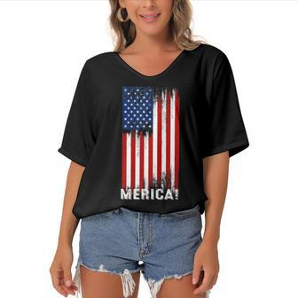 4Th Of July Independence Day Us American Flag Patriotic Women's Bat Sleeves V-Neck Blouse - Seseable