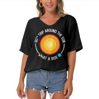 90Th Birthday Retro 90Th Trip Around The Sun What A Ride Women's Bat Sleeves V-Neck Blouse - Seseable