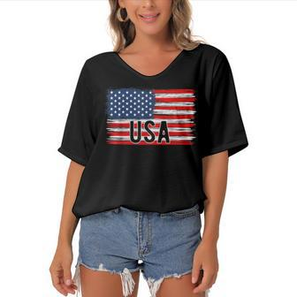 American Flag Usa 4Th Of July Independence Day Patriotic Women's Bat Sleeves V-Neck Blouse - Seseable