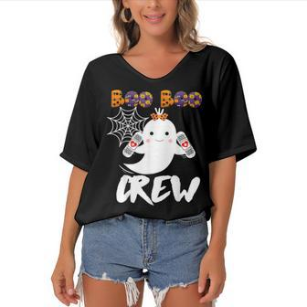 Boo Boo Crew Nurse Funny Halloween Costume Fun V2 Women's Bat Sleeves V-Neck Blouse - Seseable