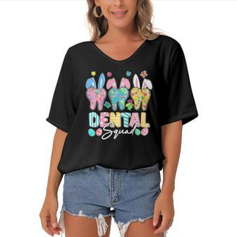 Bunny Ears Cute Tooth Dental Squad Dentist Easter Day Women's Bat Sleeves V-Neck Blouse | Mazezy