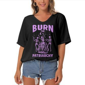 Burn The Patriarchy Feminist Halloween Skeleton Dancing Women's Bat Sleeves V-Neck Blouse - Seseable