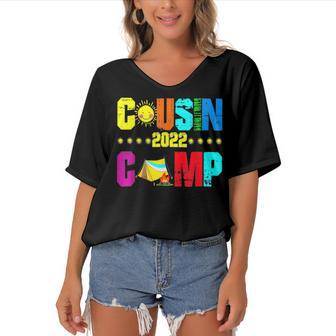 Cousin Camp 2022 Family Camping Summer Vacation Crew V2 Women's Bat Sleeves V-Neck Blouse - Seseable