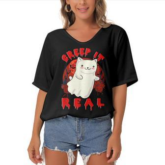 Creep It Real Cute Kitty Cat Ghost In Spooky Halloween Night Women's Bat Sleeves V-Neck Blouse - Seseable