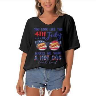 Funny You Look Like The 4Th Of July Makes Me Want A Hot Dog V2 Women's Bat Sleeves V-Neck Blouse - Seseable