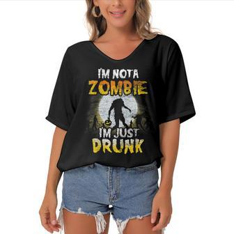 Im Not A Zombie Im Just Drunk - Spooky Drunken Halloween Women's Bat Sleeves V-Neck Blouse - Seseable